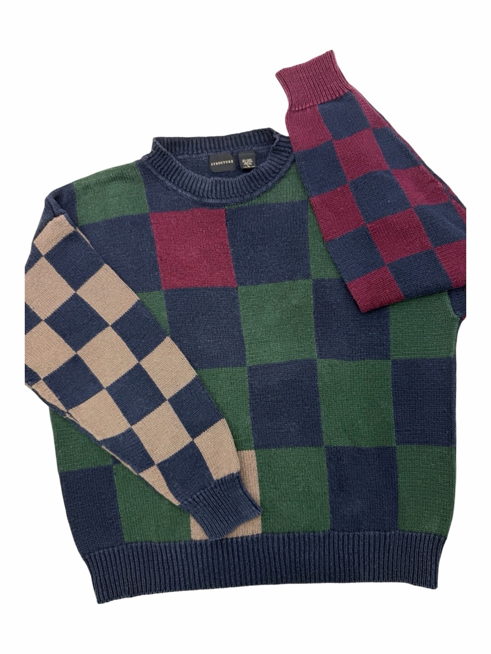 Vintage Checkerboard‎ Crewneck Sweater Navy Green Burgundy